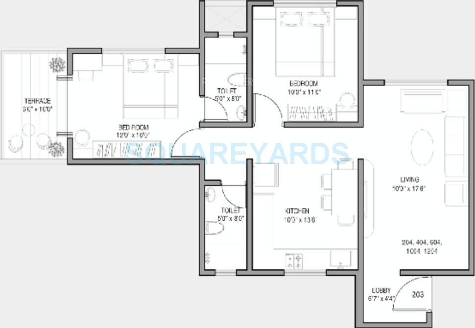 Floor plan of 2 BHK 970 Sq. Ft. Apartment in Kolte Patil Ivy Botanica, Pune