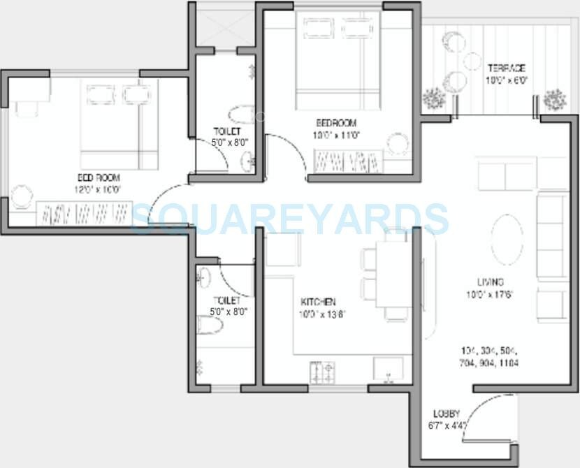 Floor plan of 2 BHK 975 Sq. Ft. Apartment in Kolte Patil Ivy Botanica, Pune
