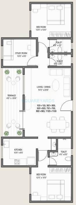 Floor plan of 2 BHK 1270 Sq. Ft. Apartment in Kolte Patil Ivy Botanica, Pune