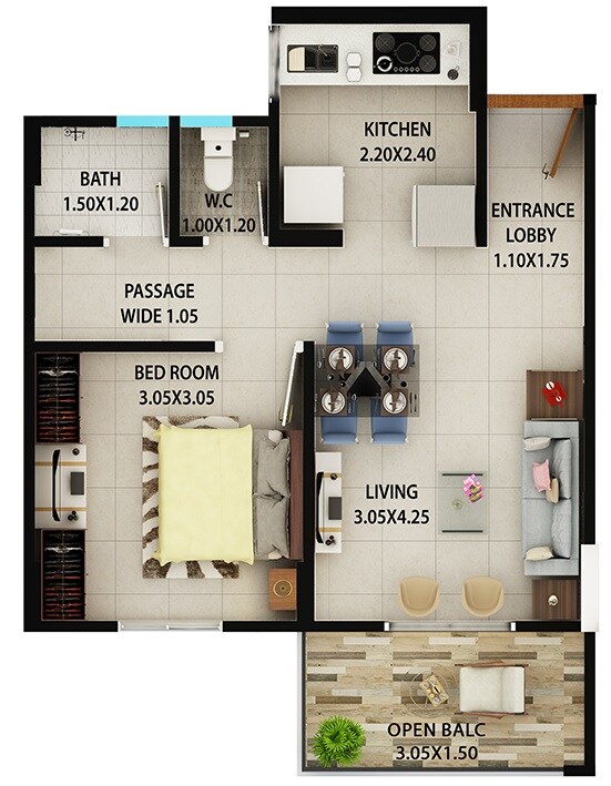 Floor plan of 1 BHK 377 Sq. Ft. Apartment in Kolte Patil Ivy Estate Nia, Pune