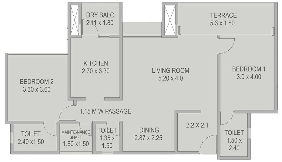 Floor plan of 2 BHK 761 Sq. Ft. Apartment in Kolte Patil Kothrud Baug, Pune