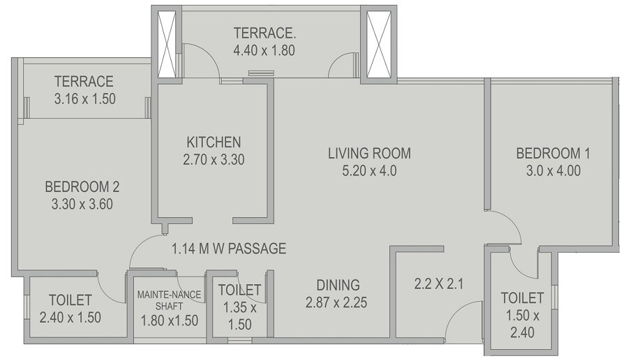 Floor plan of 2 BHK 985 Sq. Ft. Apartment in Kolte Patil Kothrud Baug, Pune