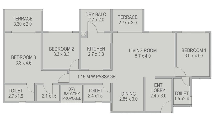 Floor plan of 3 BHK 1159 Sq. Ft. Apartment in Kolte Patil Kothrud Baug, Pune
