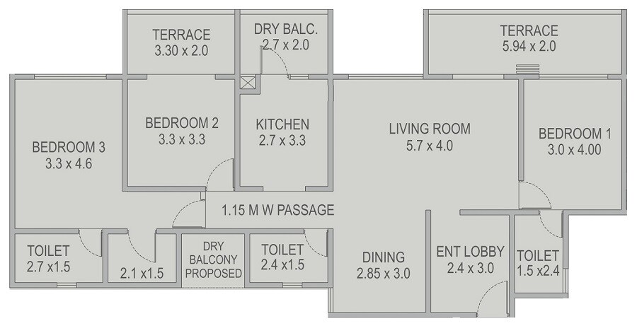 Floor plan of 3 BHK 1394 Sq. Ft. Apartment in Kolte Patil Kothrud Baug, Pune