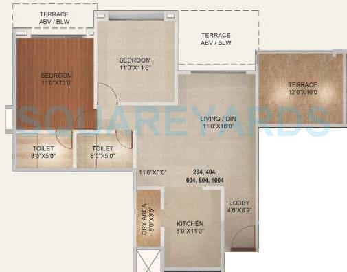 Floor plan of 2 BHK 1162 Sq. Ft. Apartment in Kolte Patil Langston, Pune