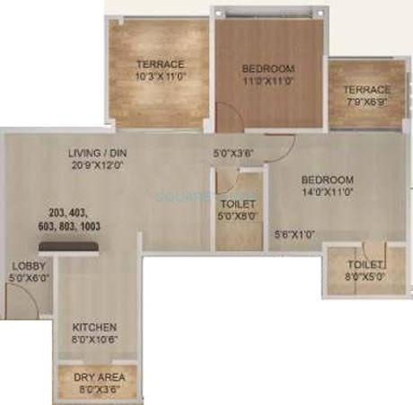 Floor plan of 2 BHK 1236 Sq. Ft. Apartment in Kolte Patil Langston, Pune