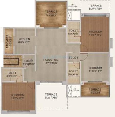 Floor plan of 3 BHK 1539 Sq. Ft. Apartment in Kolte Patil Langston, Pune
