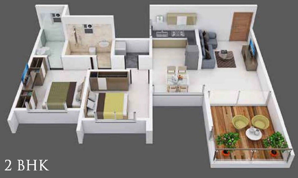 Floor plan of 2 BHK 620 Sq. Ft. Apartment in Kolte Patil Life Republic 3 rd Avenue, Pune
