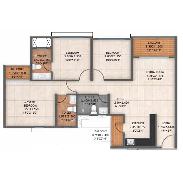 Floor plan of 3 BHK 1007 Sq. Ft. Apartment in Kolte Patil Life Republic Atmos, Pune
