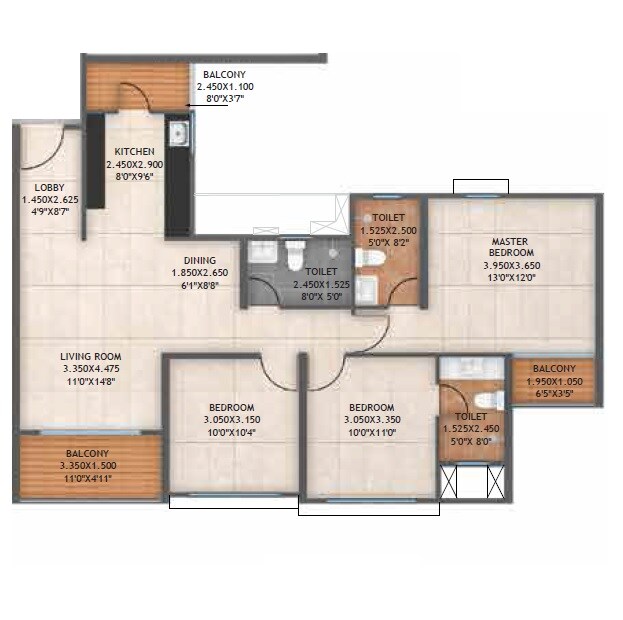 Floor plan of 3 BHK 1037 Sq. Ft. Apartment in Kolte Patil Life Republic Atmos, Pune