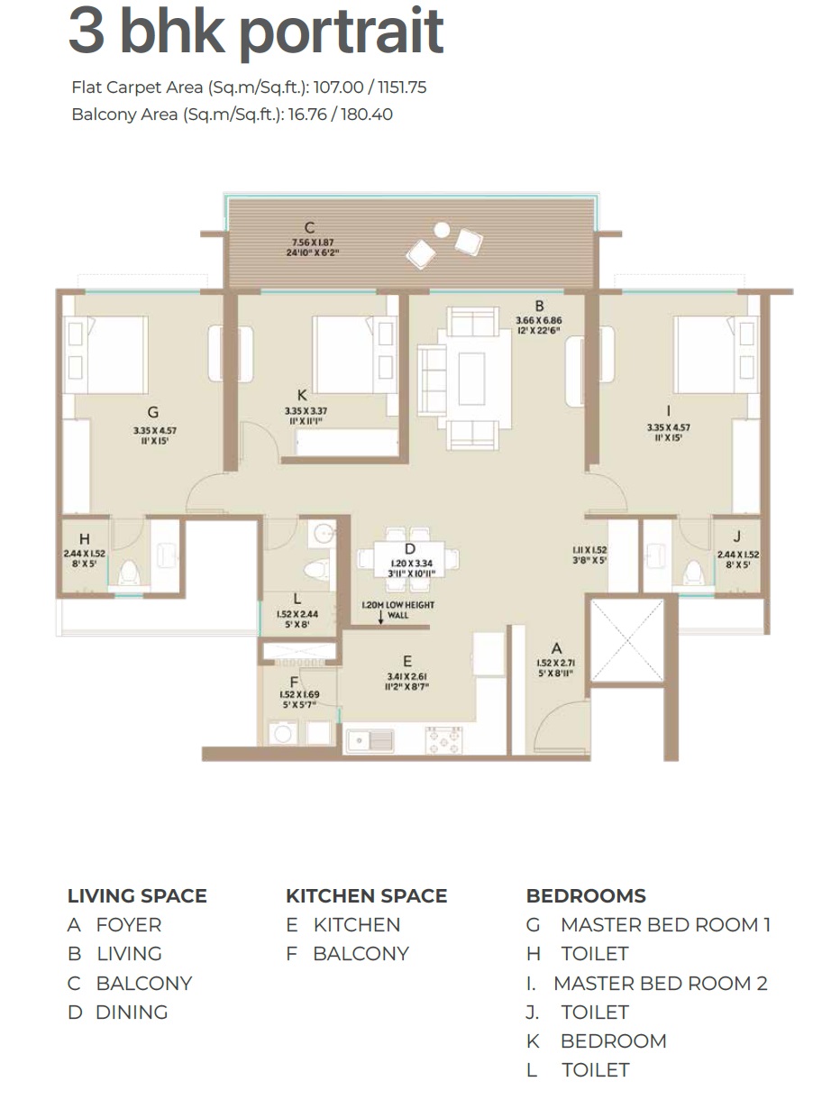 3 BHK 1332 Sq. Ft. Apartment in Kolte Patil Life Republic Canvas