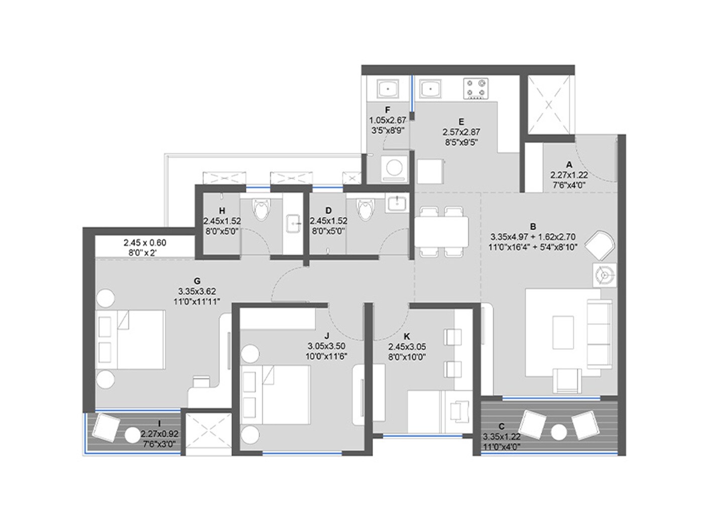 2 BHK 963 Sq. Ft. Apartment