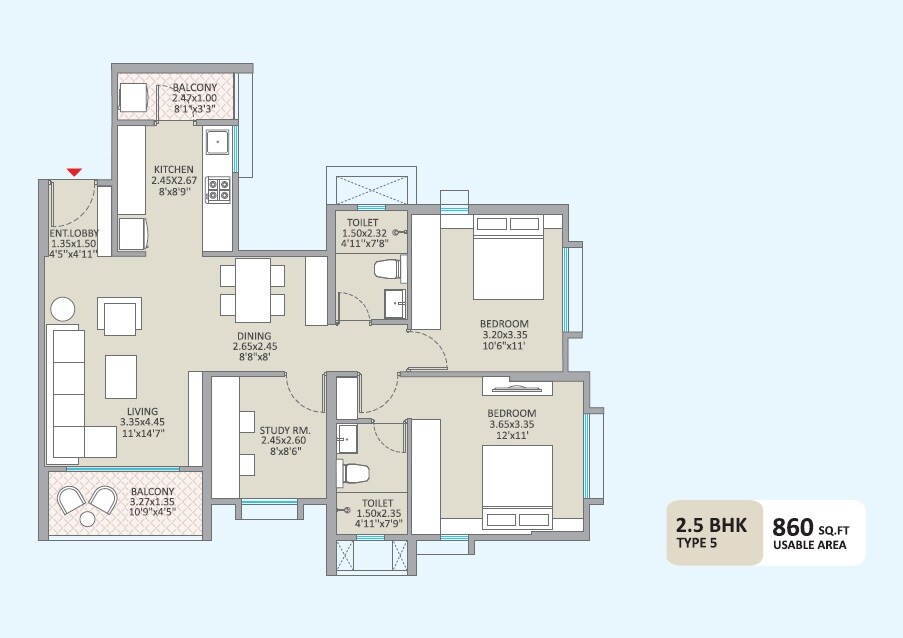 2 BHK 860 Sq. Ft. Apartment