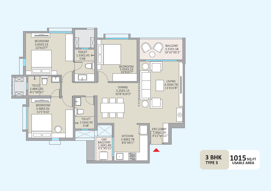 3 BHK 1015 Sq. Ft. Apartment