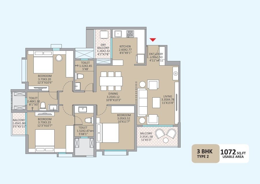 3 BHK 1072 Sq. Ft. Apartment