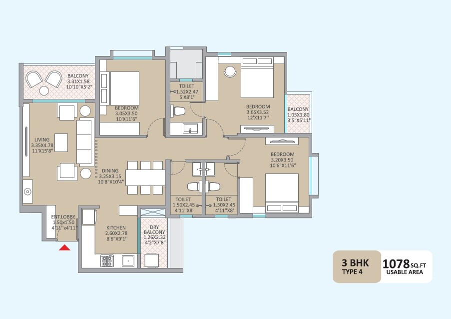 Floor plan of 3 BHK 1078 Sq. Ft. Apartment in Kolte Patil Little Earth, Pune
