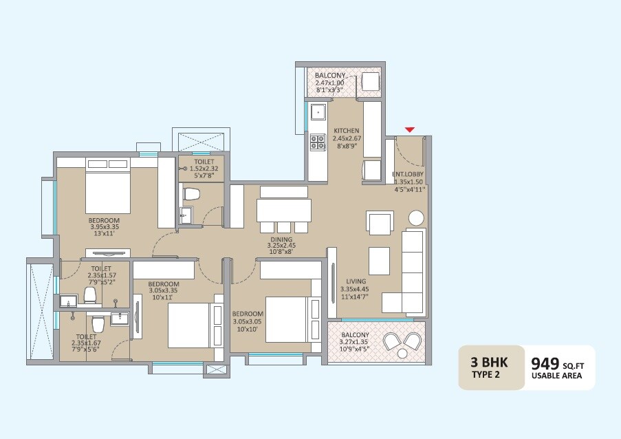 Floor plan of 3 BHK 949 Sq. Ft. Apartment in Kolte Patil Little Earth, Pune