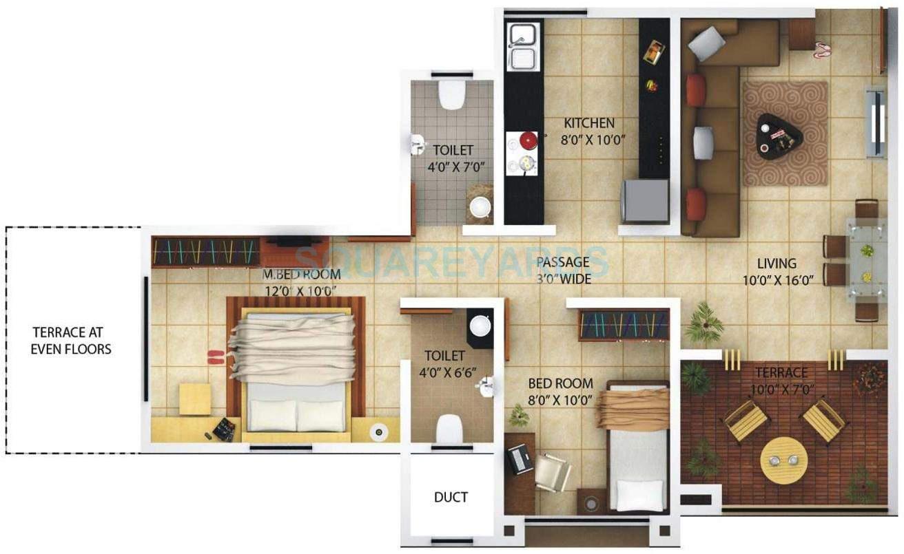 Floor plan of 2 BHK 1050 Sq. Ft. Apartment in Kolte Patil Margosa Heights, Pune