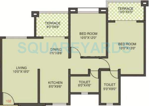 Floor plan of 2 BHK 1085 Sq. Ft. Apartment in Kolte Patil Margosa Heights, Pune