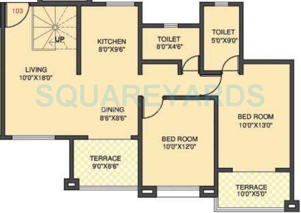 Floor plan of 2 BHK 1185 Sq. Ft. Apartment in Kolte Patil Margosa Heights, Pune
