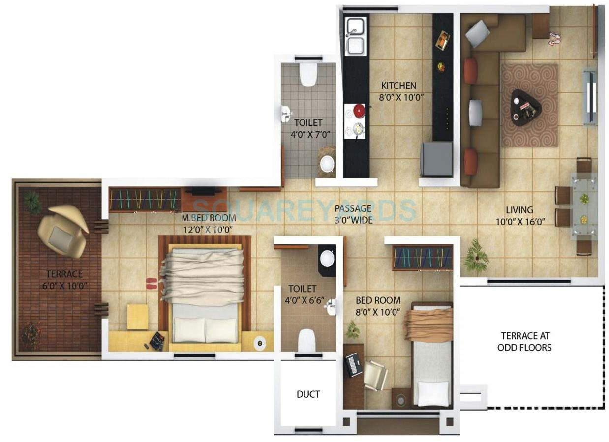 Floor plan of 2 BHK 785 Sq. Ft. Apartment in Kolte Patil Margosa Heights, Pune
