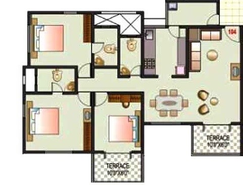 Floor plan of 3 BHK 1780 Sq. Ft. Apartment in Kolte Patil Margosa Heights, Pune