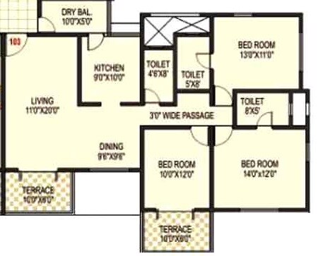 Floor plan of 3 BHK 2015 Sq. Ft. Apartment in Kolte Patil Margosa Heights, Pune