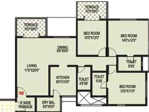Floor plan of 3 BHK 2020 Sq. Ft. Apartment in Kolte Patil Margosa Heights, Pune