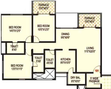 Floor plan of 3 BHK 2120 Sq. Ft. Apartment in Kolte Patil Margosa Heights, Pune