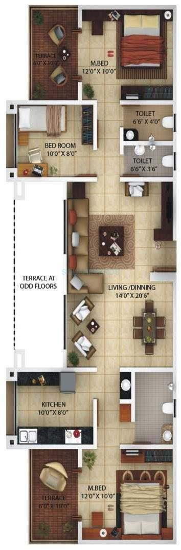 Floor plan of 3 BHK 1260 Sq. Ft. Apartment in Kolte Patil Margosa Heights, Pune