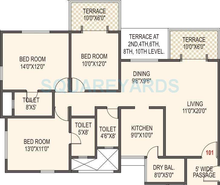 Floor plan of 3 BHK 1560 Sq. Ft. Apartment in Kolte Patil Margosa Heights, Pune