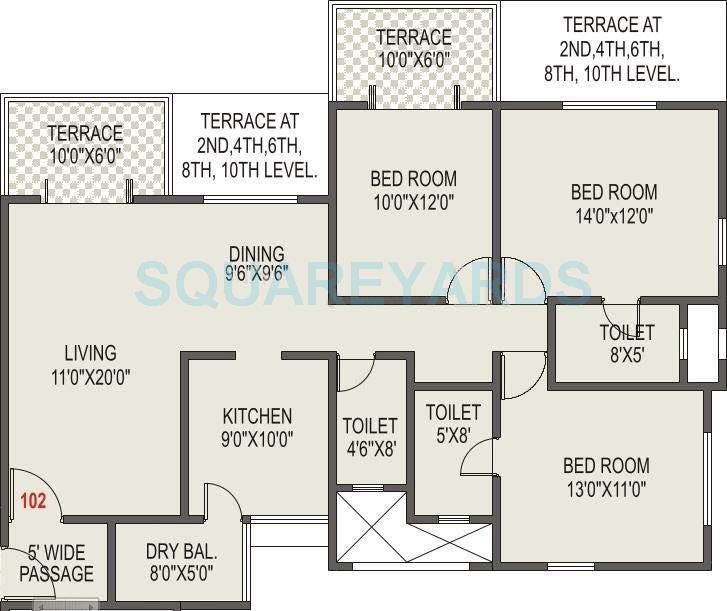 Floor plan of 3 BHK 1600 Sq. Ft. Apartment in Kolte Patil Margosa Heights, Pune