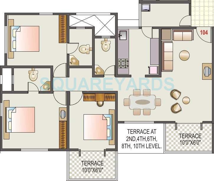 Floor plan of 3 BHK 1760 Sq. Ft. Apartment in Kolte Patil Margosa Heights, Pune