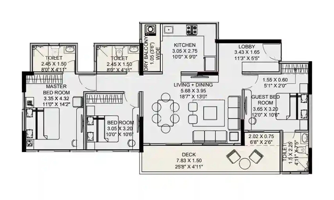Floor plan of 3 BHK 1170 Sq. Ft. Apartment in Kolte Patil Rose Parade, Pune