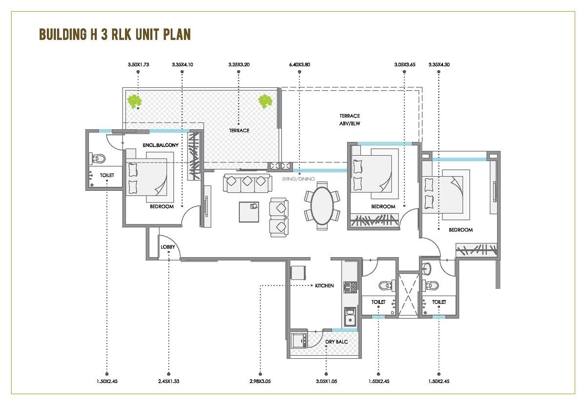 Floor plan of 3 BHK 1554 Sq. Ft. Apartment in Kolte Patil Stargaze, Pune