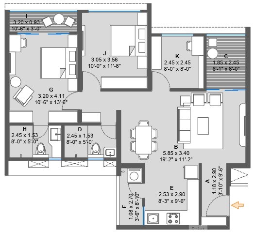 2 BHK 932 Sq. Ft. Apartment