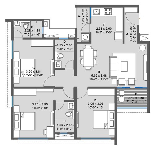 Floor plan of 3 BHK 1001 Sq. Ft. Apartment in Kolte Patil The Winds, Pune