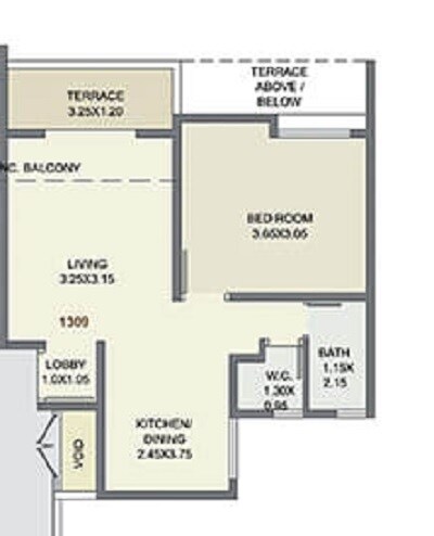 Floor plan of 1 BHK 402 Sq. Ft. Apartment in Kolte Patil Three Jewels, Pune