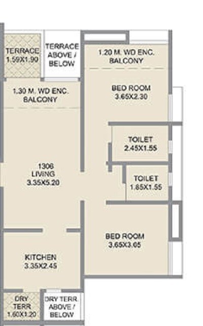 Floor plan of 2 BHK 583 Sq. Ft. Apartment in Kolte Patil Three Jewels, Pune