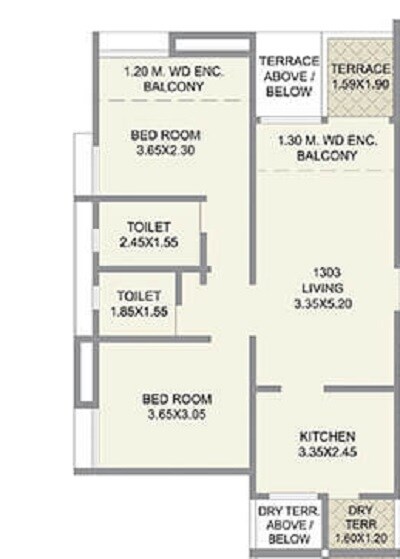 Floor plan of 2 BHK 671 Sq. Ft. Apartment in Kolte Patil Three Jewels, Pune