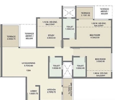 Floor plan of 3 BHK 712 Sq. Ft. Apartment in Kolte Patil Three Jewels, Pune