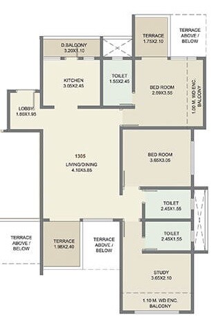 Floor plan of 3 BHK 904 Sq. Ft. Apartment in Kolte Patil Three Jewels, Pune