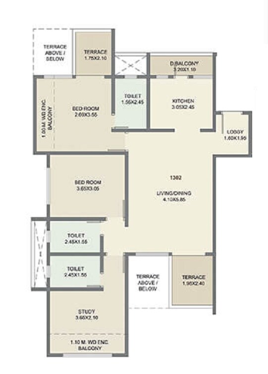 Floor plan of 3 BHK 904 Sq. Ft. Apartment in Kolte Patil Three Jewels Moonstone, Pune