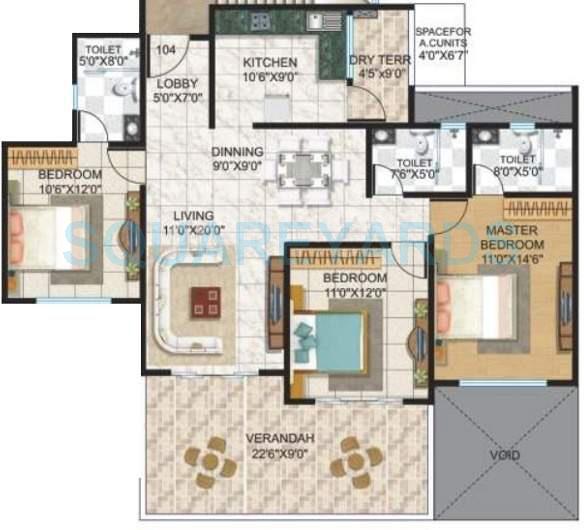 Floor plan of 3 BHK 1970 Sq. Ft. Apartment in Kolte Patil Tuscan Estate, Pune