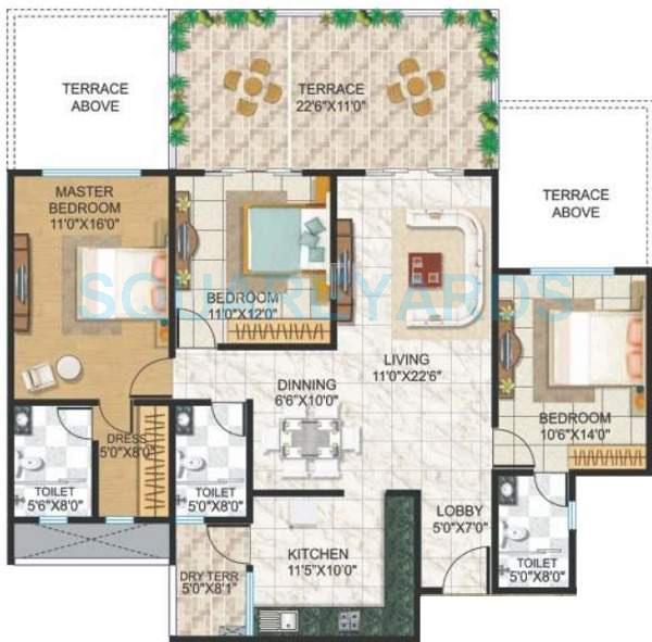 Floor plan of 3 BHK 1975 Sq. Ft. Apartment in Kolte Patil Tuscan Estate, Pune