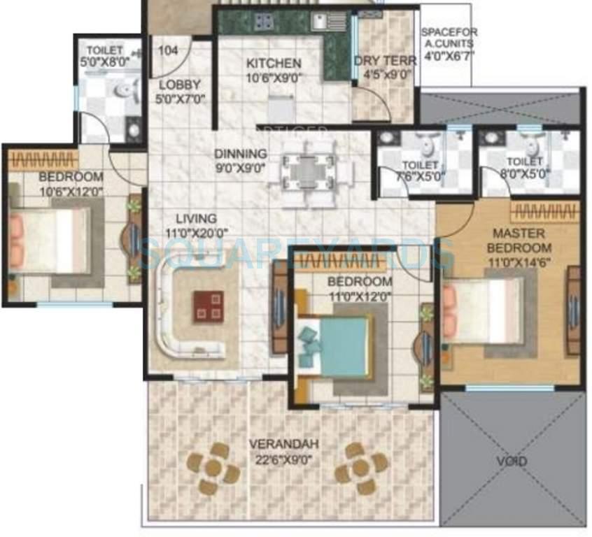 Floor plan of 3 BHK 2110 Sq. Ft. Apartment in Kolte Patil Tuscan Estate, Pune