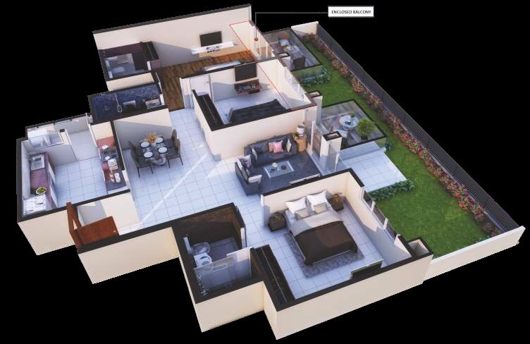 Floor plan of 3 BHK 958 Sq. Ft. Apartment in Kolte Patil Tuscan Parkland, Pune