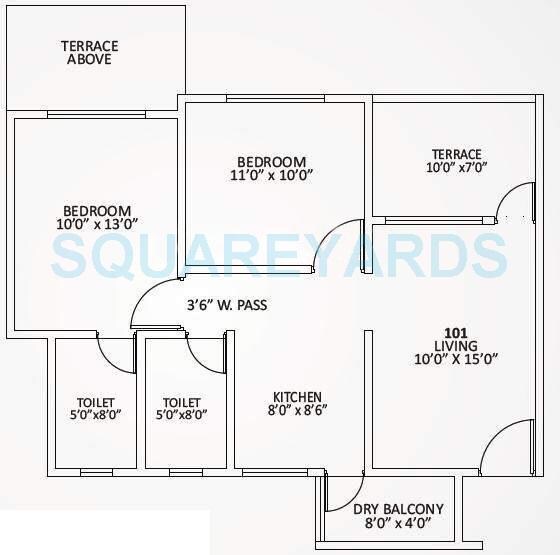 Floor plan of 2 BHK 885 Sq. Ft. Apartment in Kolte Patil Umang Homes Phase 2, Pune