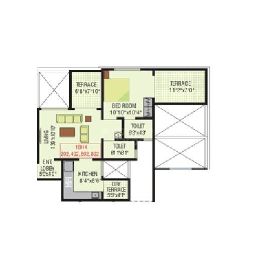 Floor plan of 1 BHK 611 Sq. Ft. Apartment in Konark Grand Casa, Pune
