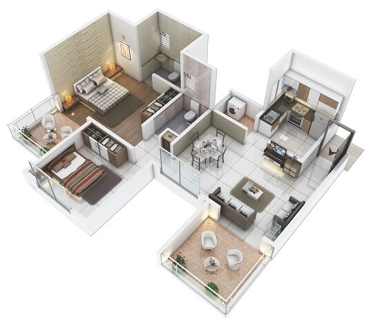 Floor plan of 2 BHK 752 Sq. Ft. Apartment in Konark Grand Casa, Pune